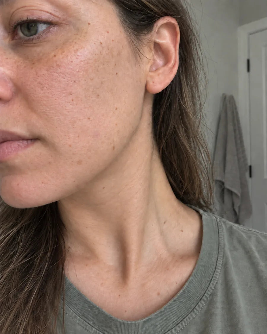 The same cheek and jawline, with the blemishes faded