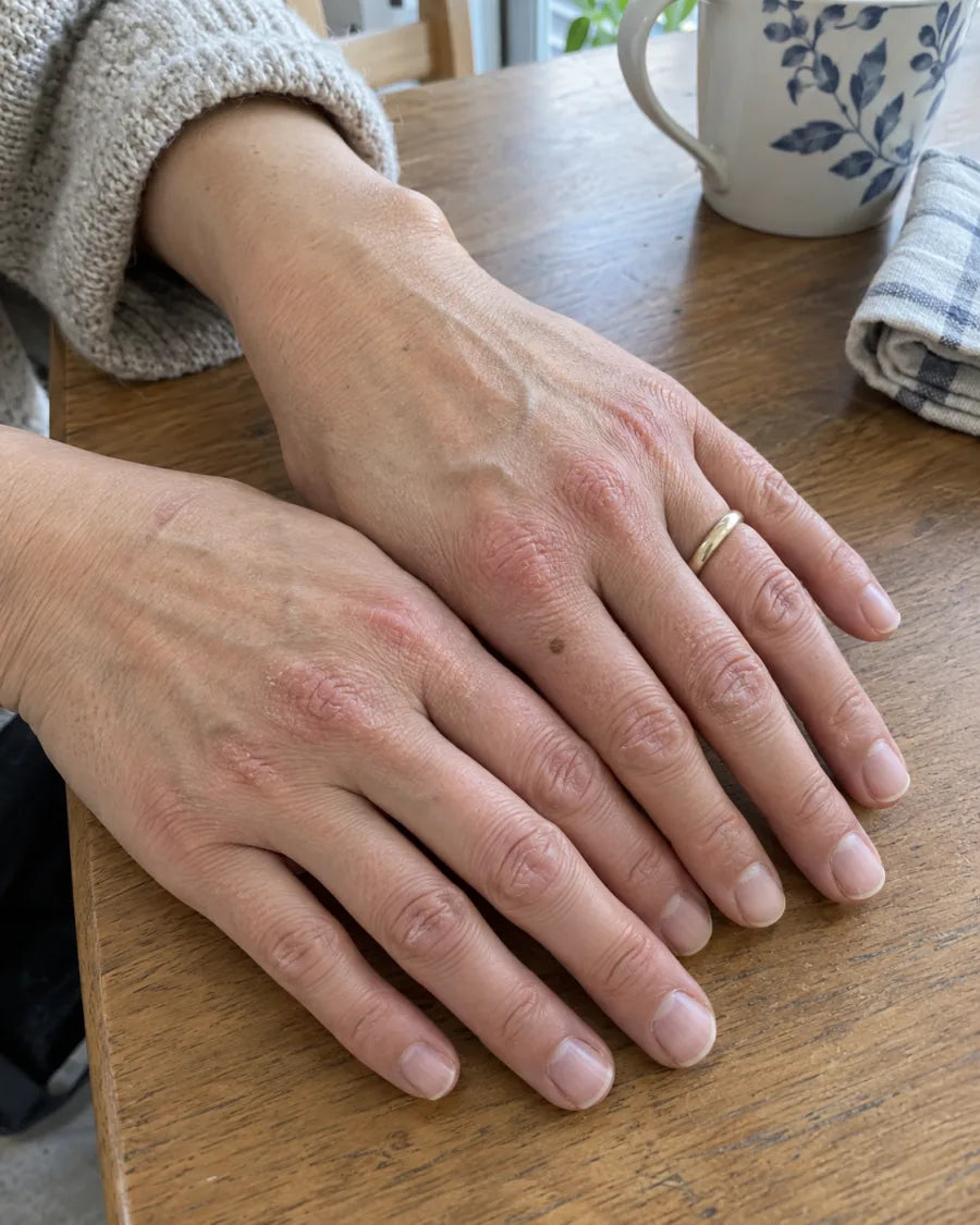 Two hands resting on a table, with dry chapped patches across the knuckles