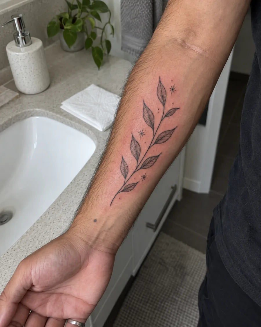 A forearm with a fresh botanical line tattoo, the skin around it pink