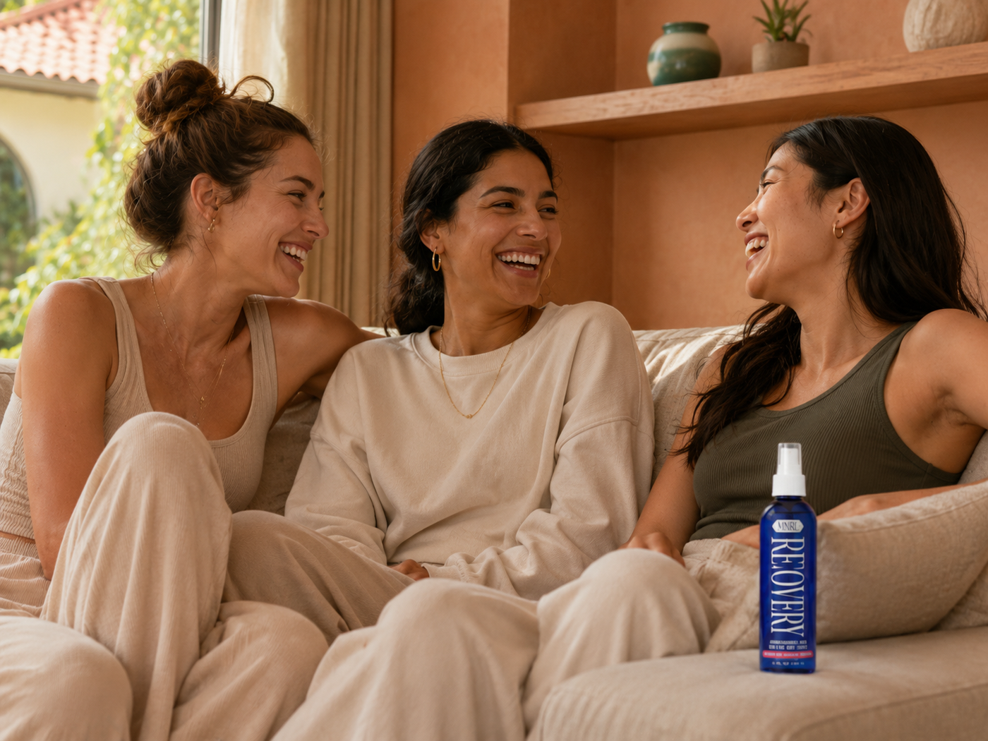 Three women of different generations laughing together on a couch, MNRL Recovery resting beside them