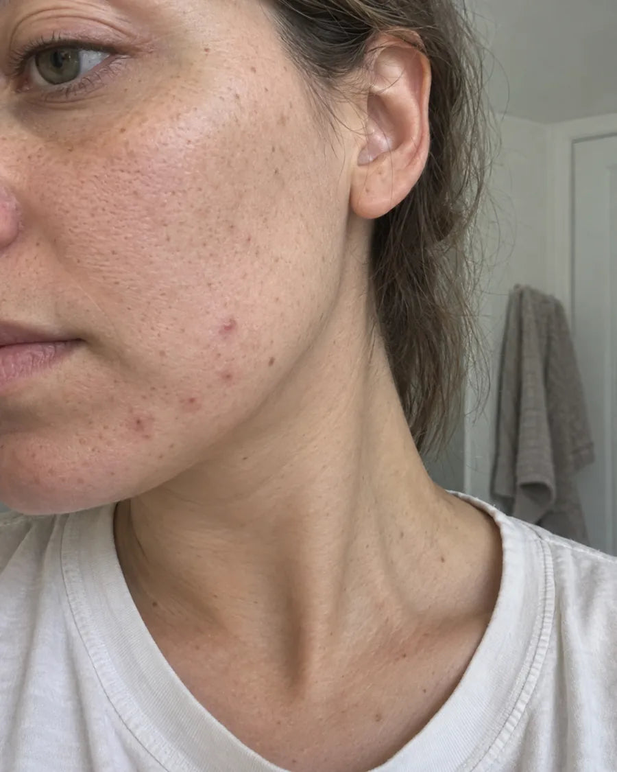 Close-up of a cheek and jawline with several small blemishes