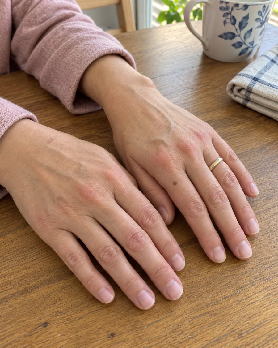 The same hands, with the knuckles smooth and settled